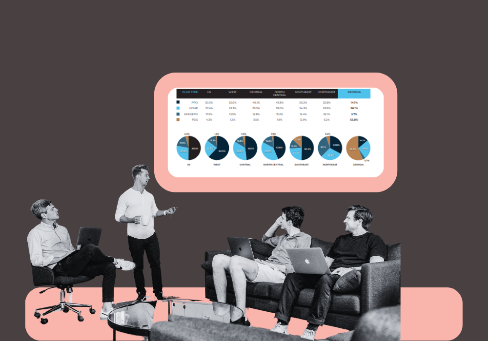 Business professionals analyzing health plan data on a presentation screen, highlighting various plan types and regional statistics in a meeting setting with a coral and gray color scheme